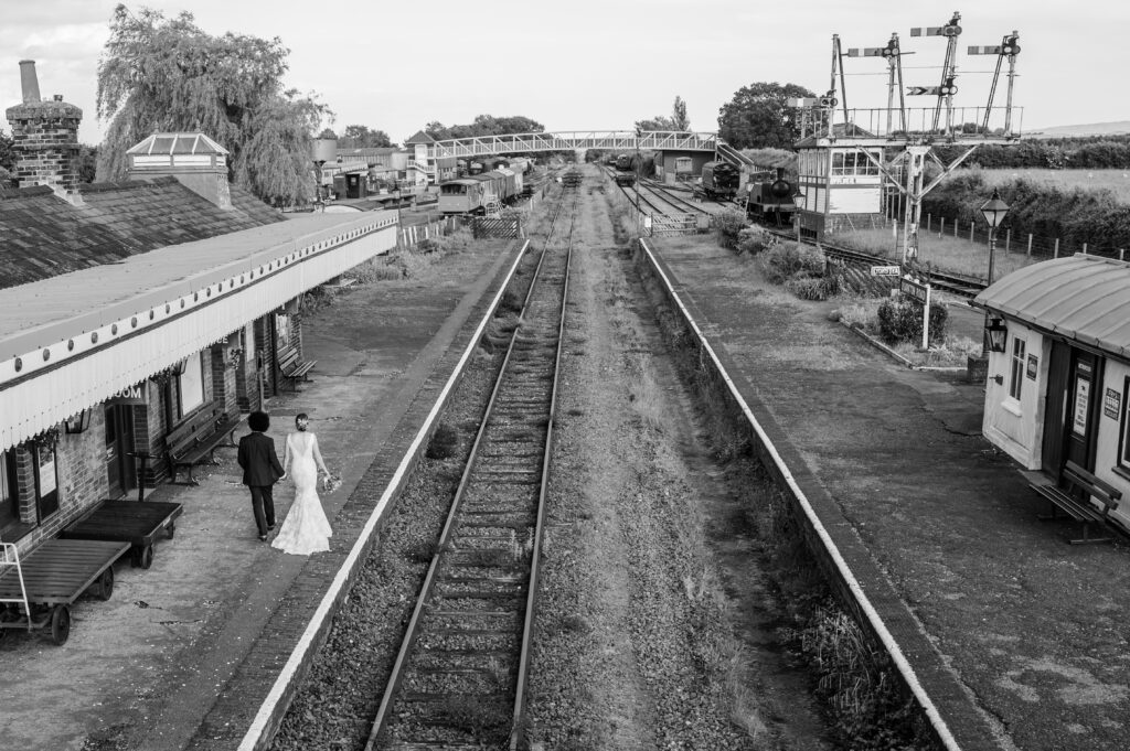 Buckinghamshire railway centre wedding photographer overlooking the railway lines