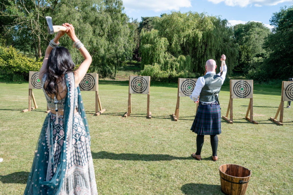 A festival wedding with axe throwing