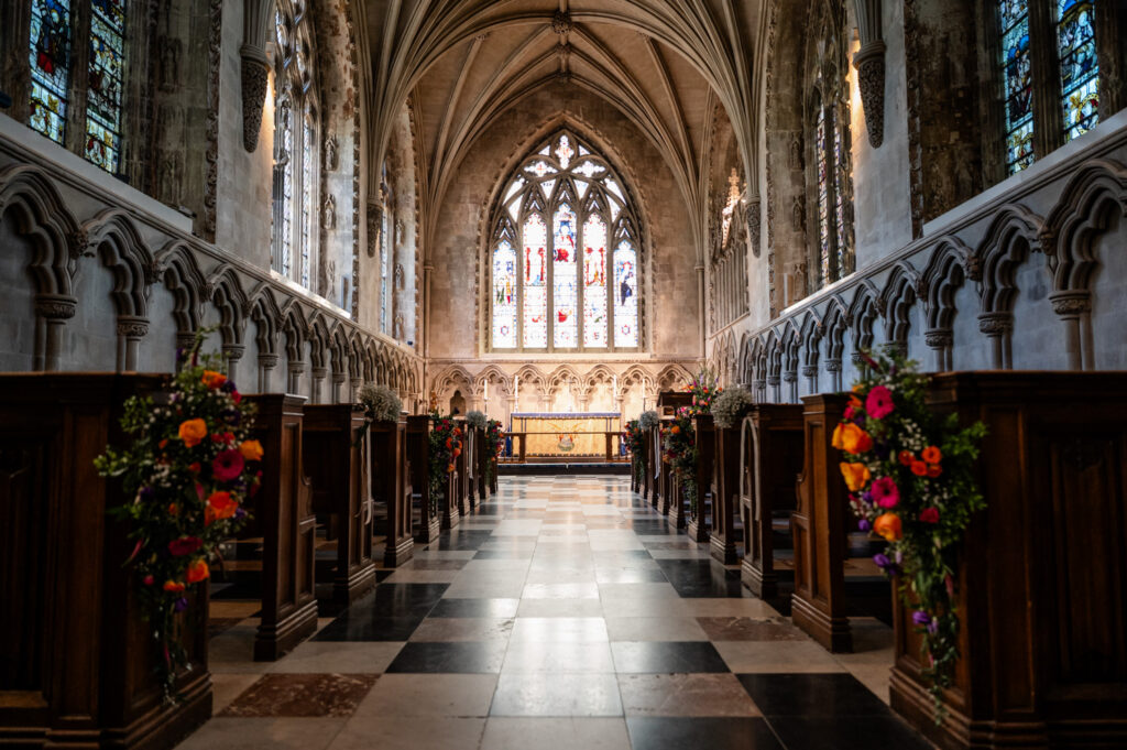 Grand interior of St Albans Cathedral before the wedding ceremony.