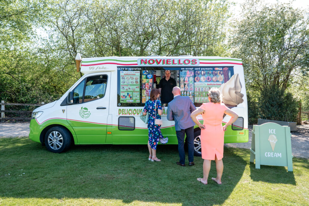 Ice cream van serving guests during welcome drinks at the wedding reception.