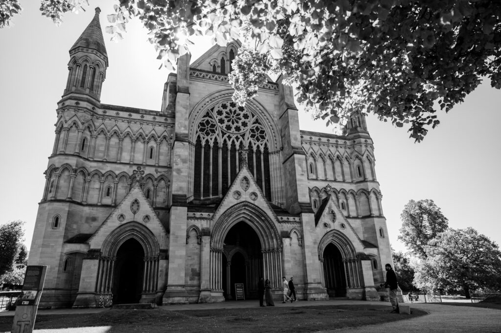 Exterior view of St Albans Cathedral on the wedding day.