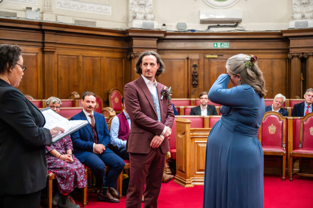 Emotional moments from the bride during an Islington Town Hall wedding ceremony