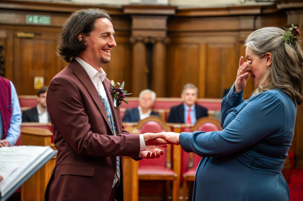 Happy tears from the bride during an Islington Town Hall wedding ceremony