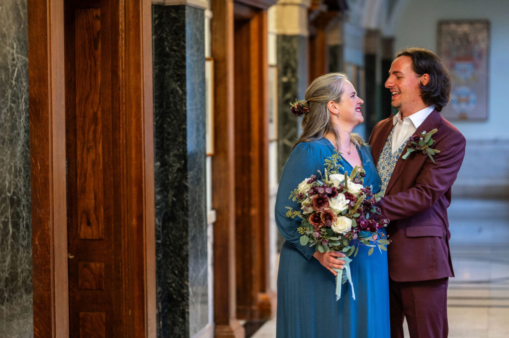 Relaxed couple photos taken before the ceremony at Islington Town Hall