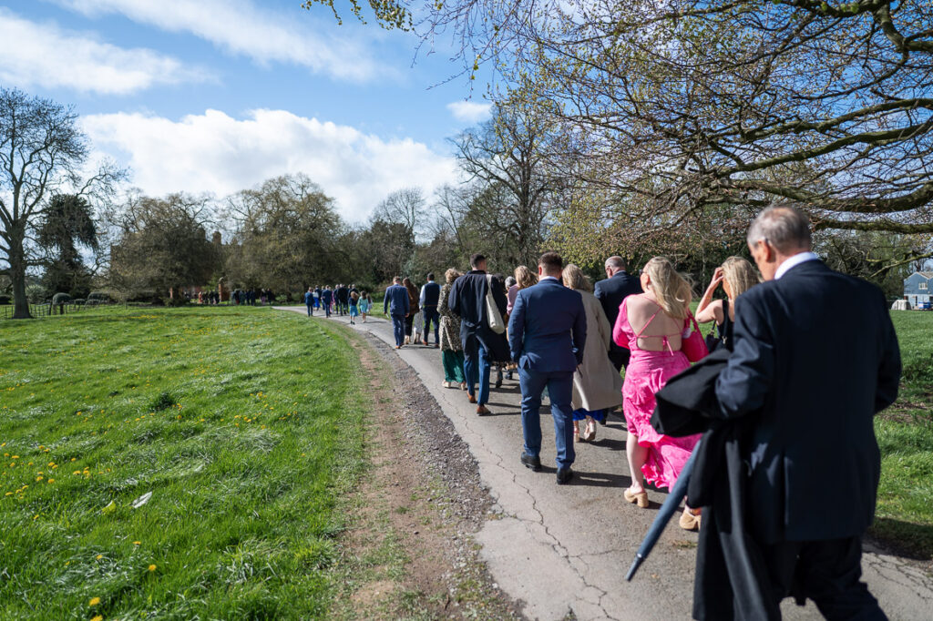 wedding guests walk back to Berwick House, Shrewsbury