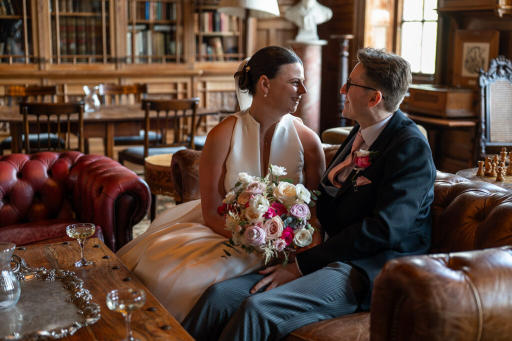 bride and groom in the libary at Berwick House, Shrewsbury